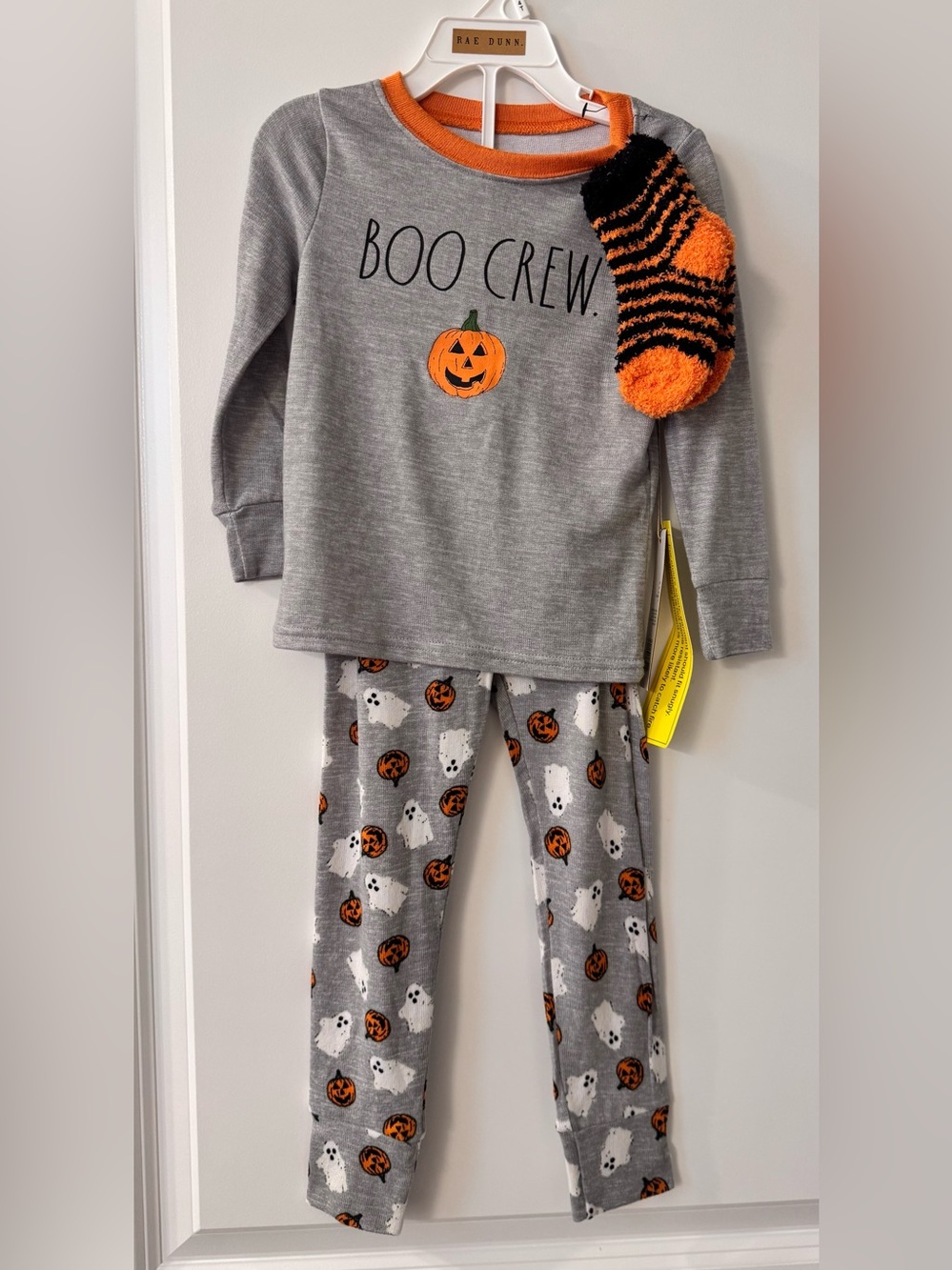Rae Dunn Boo Crew Halloween Pajamas 3-Piece Set Gray with Pumpkins & Ghosts